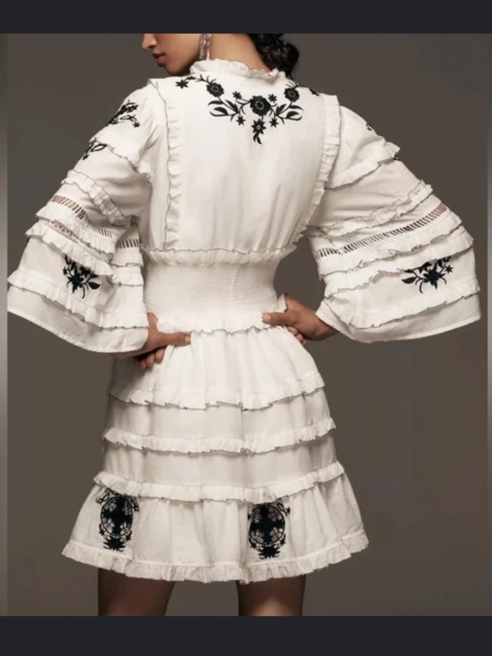 ANTHROPOLOGIE Embroidered Ruffled Mini Dress Sz L White Cotton Floral Boho VNeck - Picture 3 of 11